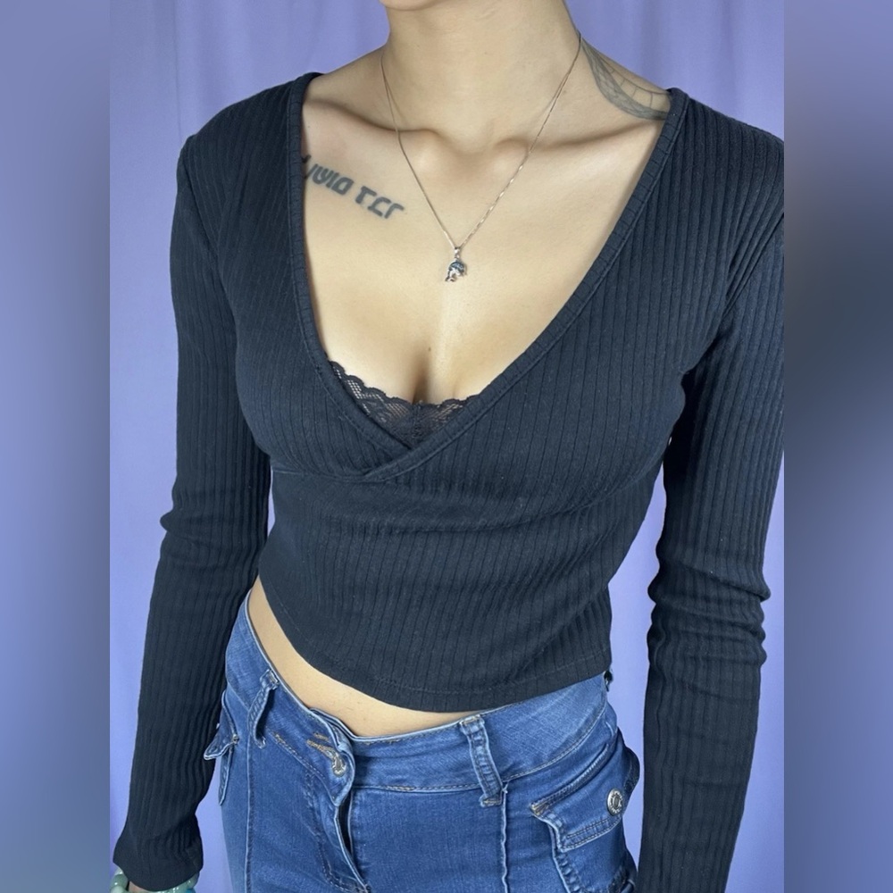 SO Wrap Top Black Size XS Ribbed Cropped Deep-V Asymmetrical Casual Grunge Edgy